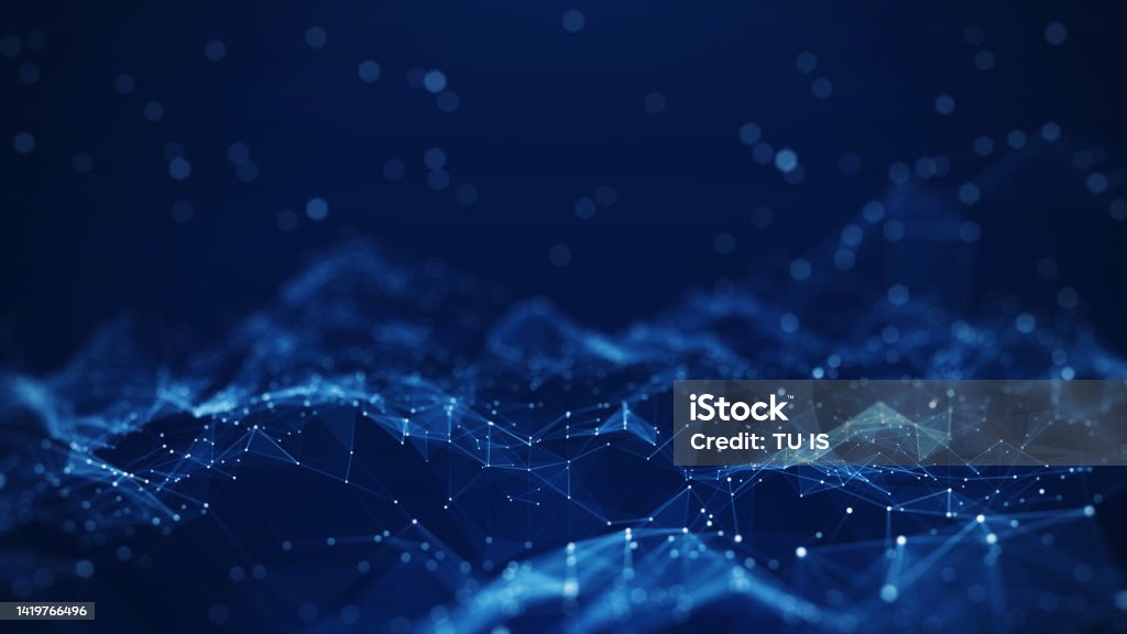 Abstract concepts of cybersecurity technology and digital data protection. Protect internet network connection with polygons, dots and lines with dark blue background, center focus, side blur.